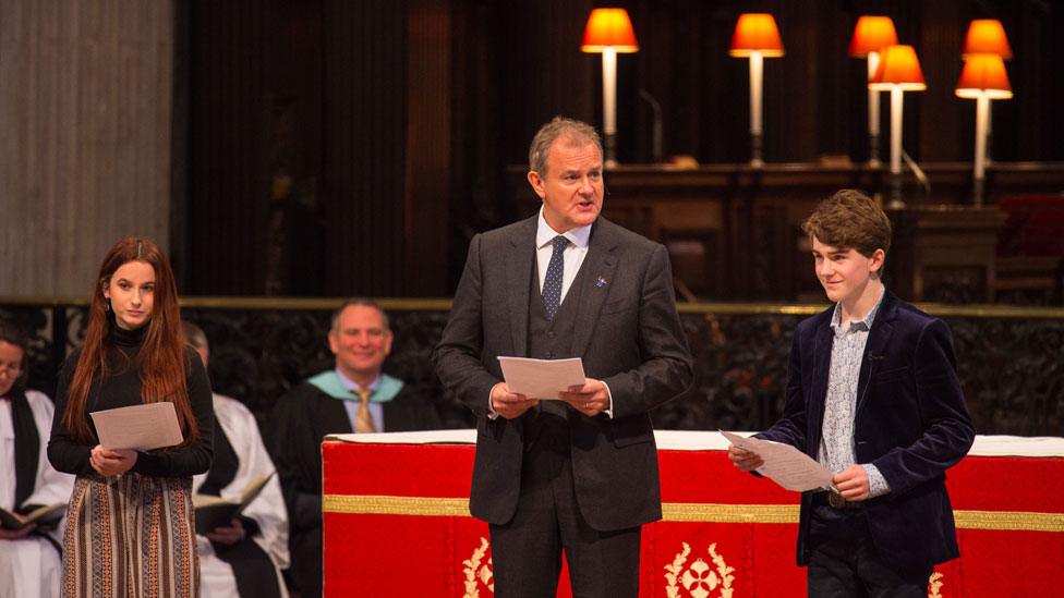 Hugh Bonneville (centre) with Madeleine Harris and Samuel Joslin