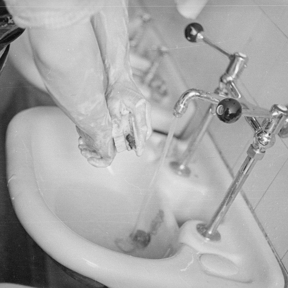 A sink in Guy's hospital in 1935 - the taps could be closed without contaminating washed hands