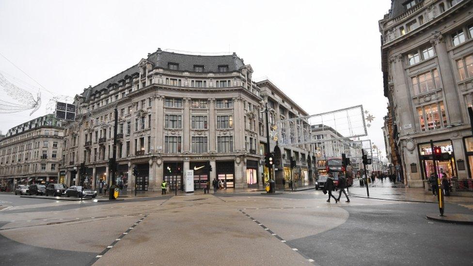 A deserted Oxford street in London, Britain, 21 December 2020