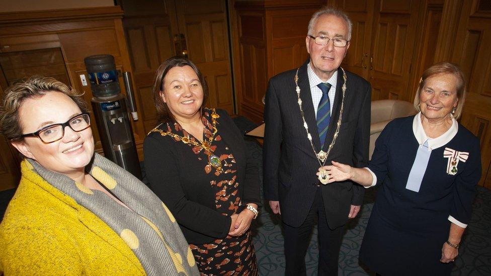 The Mayor of Derry City and Strabane District Council, Cllr Michaela Boyle pictured with the new High Sheriff of Derry City, Richard Doherty at his installation at the Mayor’s Parlour, Guildhall this afternoon. Also included from left is Julia Keys, Outgoing High Sheriff, and on right, Dr. Angela Garvey, Lord Lieutenant of the County Borough of Londonderry