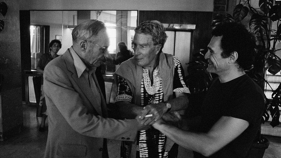 William S. Burroughs, Brion Gysin, and John Giorno during the Festival Internazionale dei Poeti Castel Porziano. (Photo by Giorgio Piredda/Sygma via Getty Images)