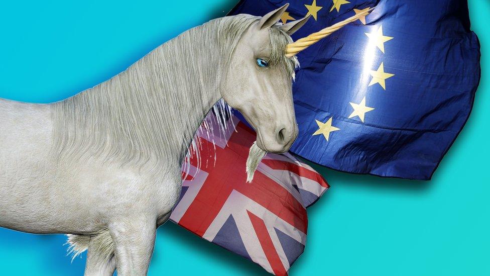 Unicorn in front of Brexit flags