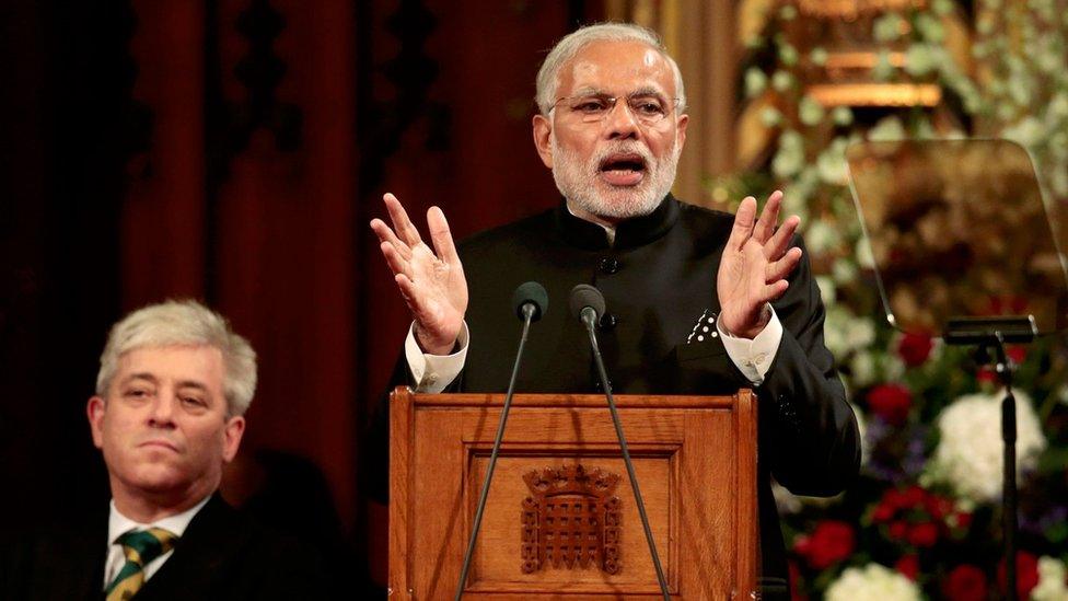 The Speaker of the House of Commons, John Bercow, listens as the Indian prime minister addresses Parliament