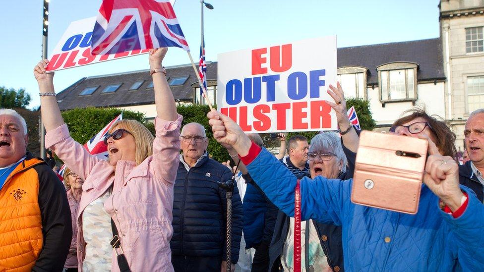 protesters wave banners and flags