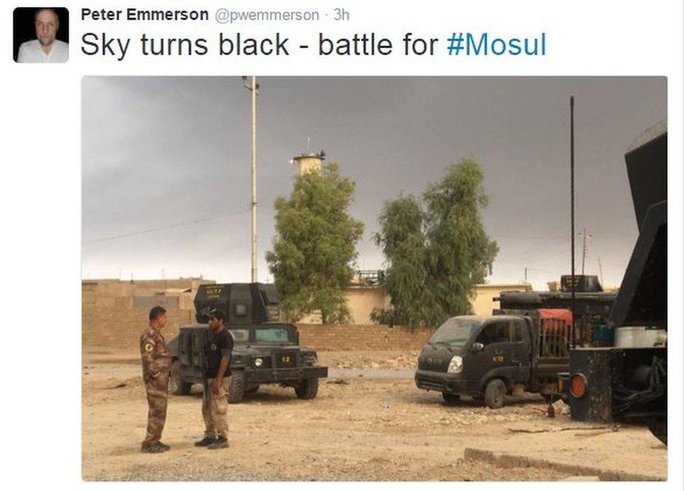 Tweet from Peter Emmerson reads: Sky turns black on battle for Mosul