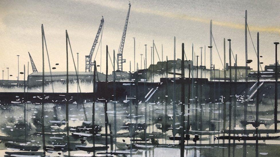 Black and white watercolour painting of QEII Marina