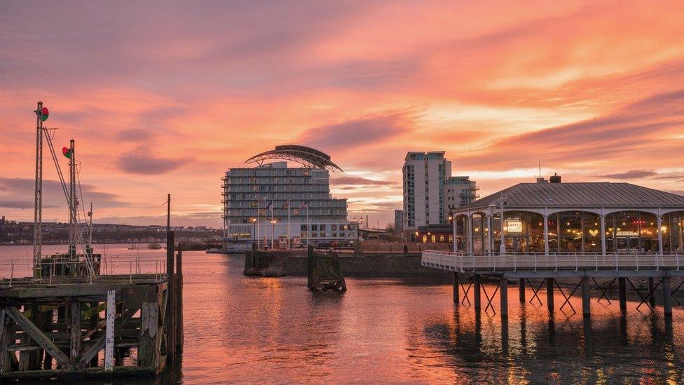 Red skies over Cardiff Bay taken by Chris Jones