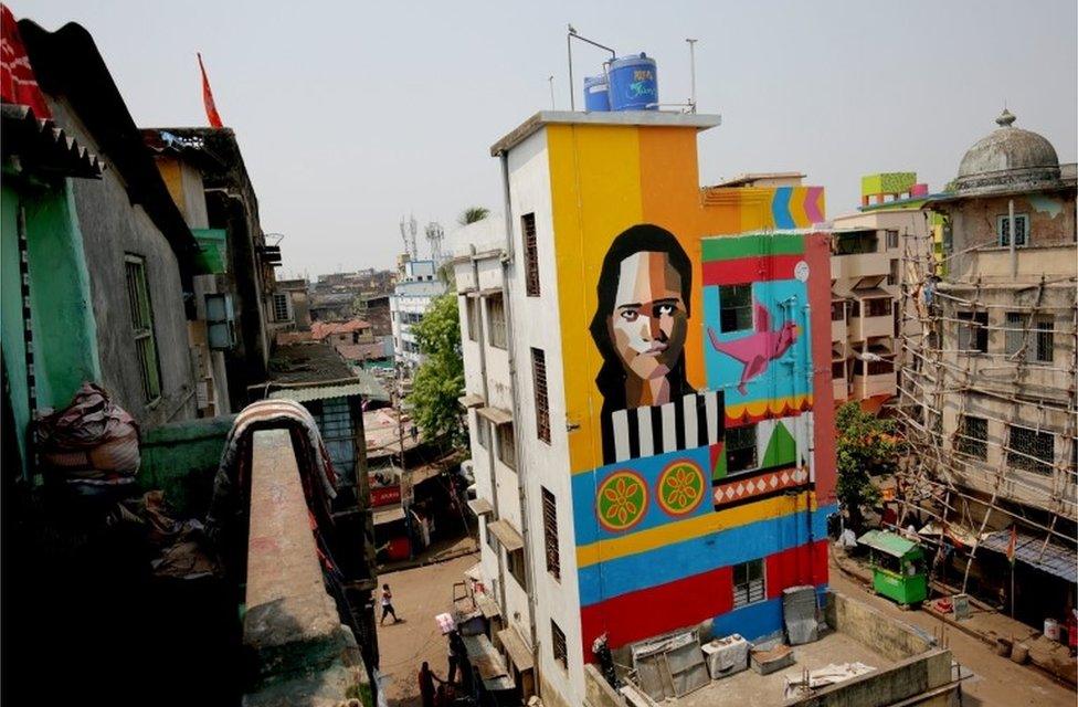 A general view of a painted building at Sonagachi red light district in Kolkata