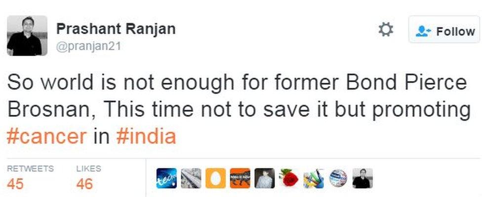 So world is not enough for former Bond Pierce Brosnan, This time not to save it but promoting #cancer in #india