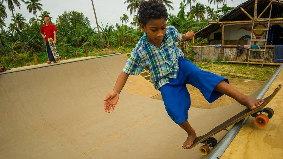 A Tongan boy skateboarding