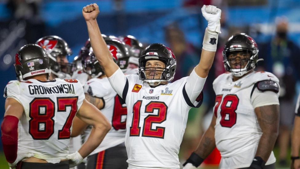 Tampa Bay Buccaneers quarterback Tom Brady (12) celebrates during the fourth quarter against the Kansas City Chiefs in Super Bowl LV