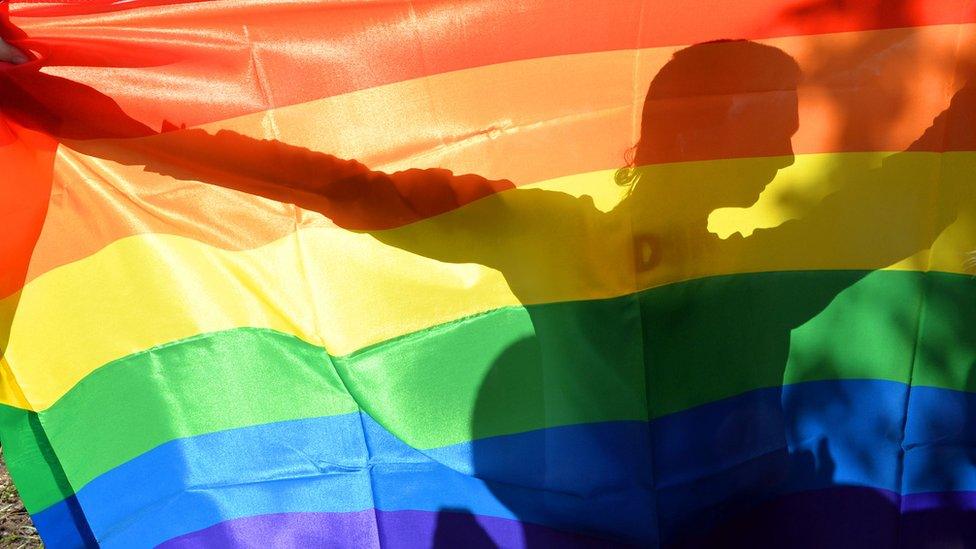 Person holding a rainbow flag