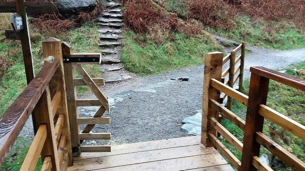 Damage to gate in White Moss area of Lake District