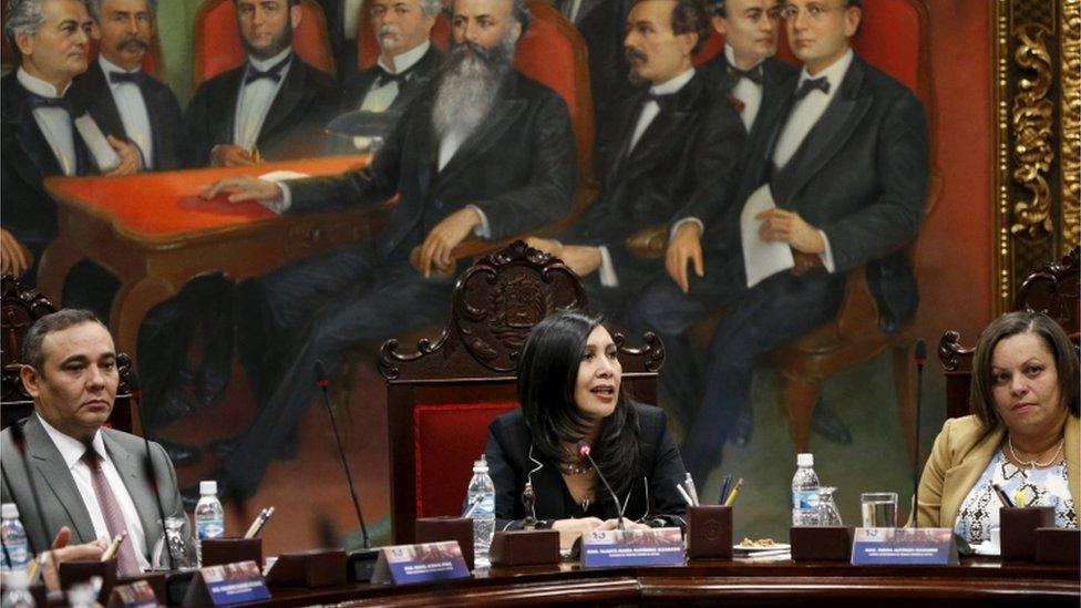 Venezuela's Supreme Court President Gladys Gutierrez (C) speaks during a meeting with members of the court and the newly named justices at the Supreme Court building in Caracas December 23, 2015.