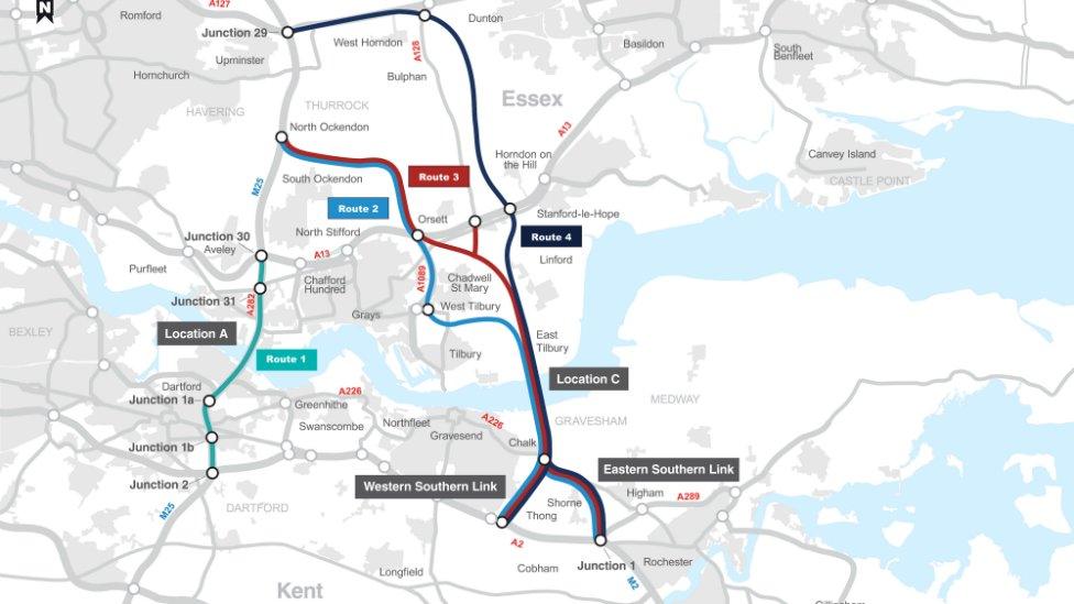 Map of the Lower Thames Crossing routes