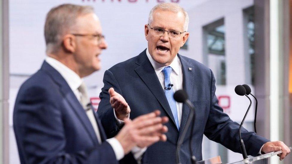 Scott Morrison and Anthony Albanese speak at the same time during the second leaders' debate earlier in May