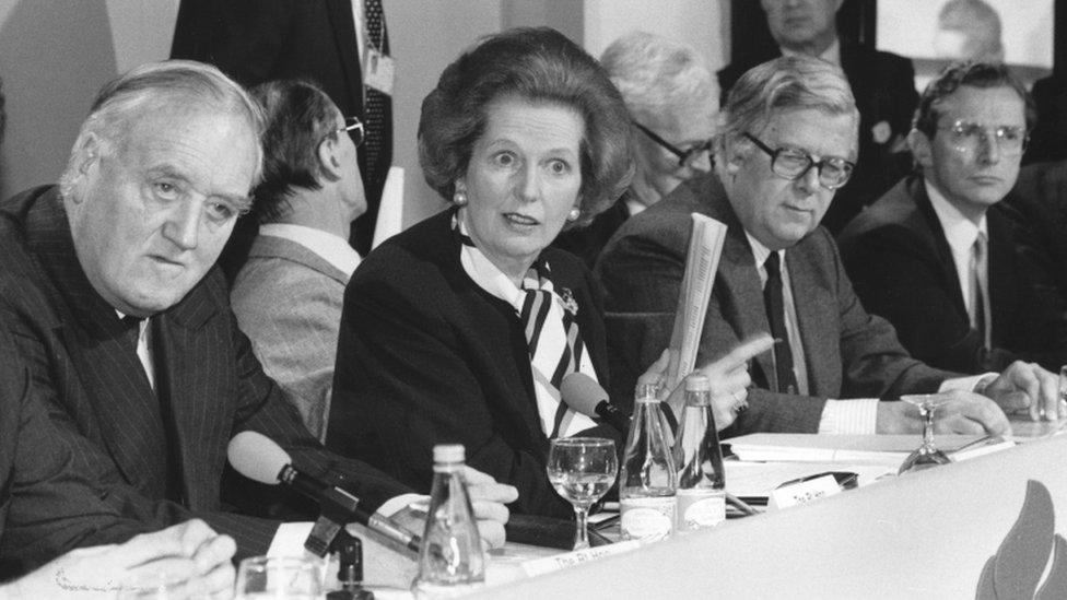 Members of Margaret Thatcher's government (l-r): William Whitelaw, Norman Tebbit, Margaret Thatcher, Geoffrey Howe, Douglas Hurd and Norman Fowler