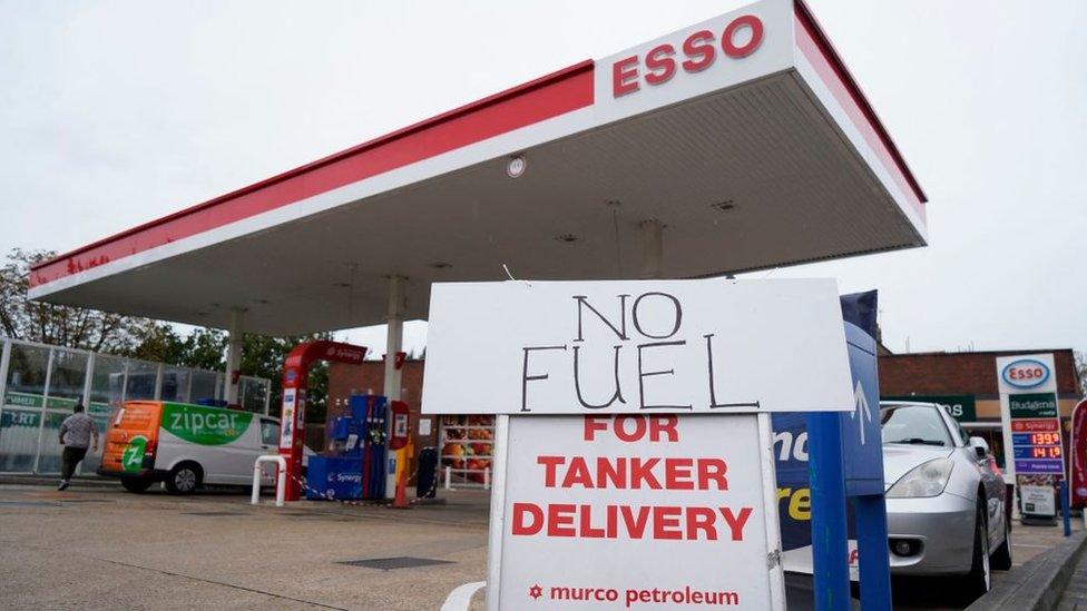 A "no fuel" sign outside a filling station in Streatham, London