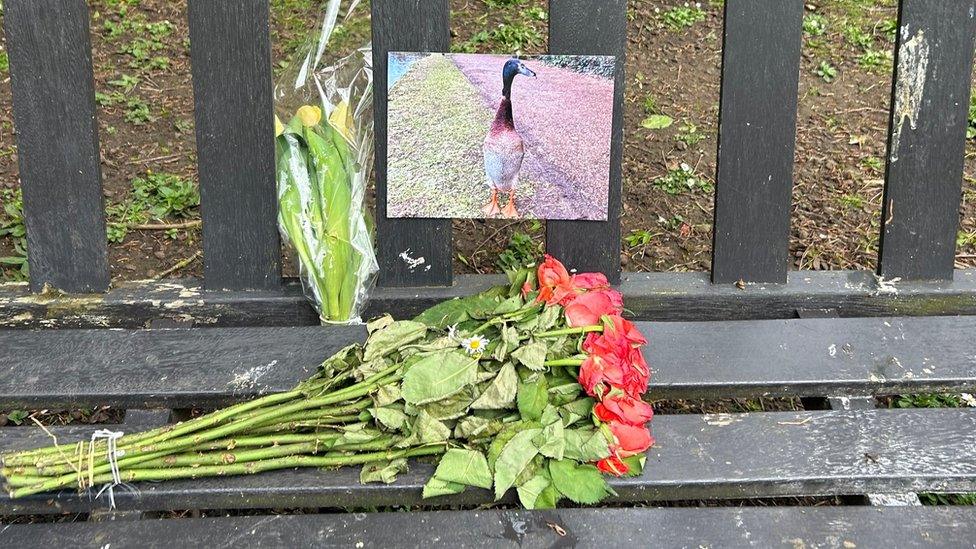 Flowers left on a bench