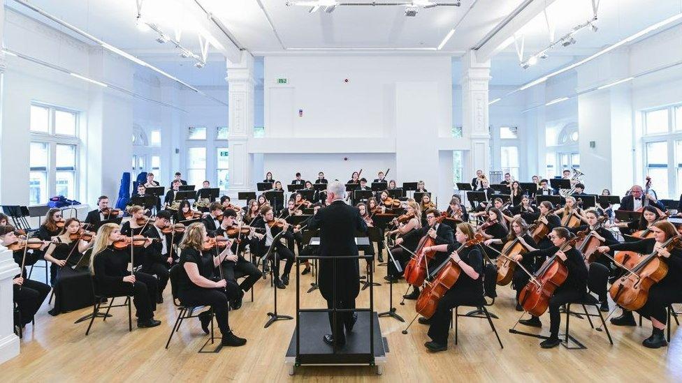 RWCMD Symphony Orchestra rehearsing at the Old Library