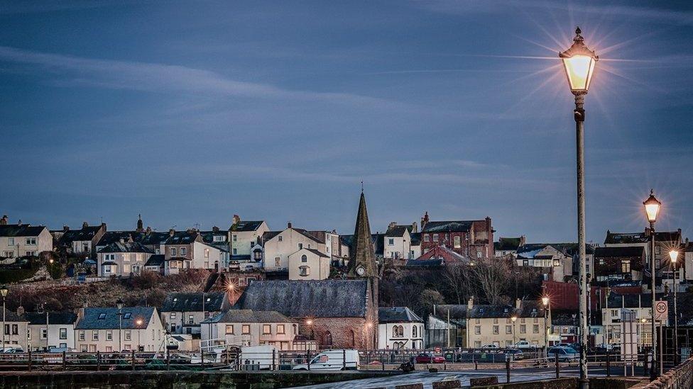 View of the harbour front and buildings in Maryport