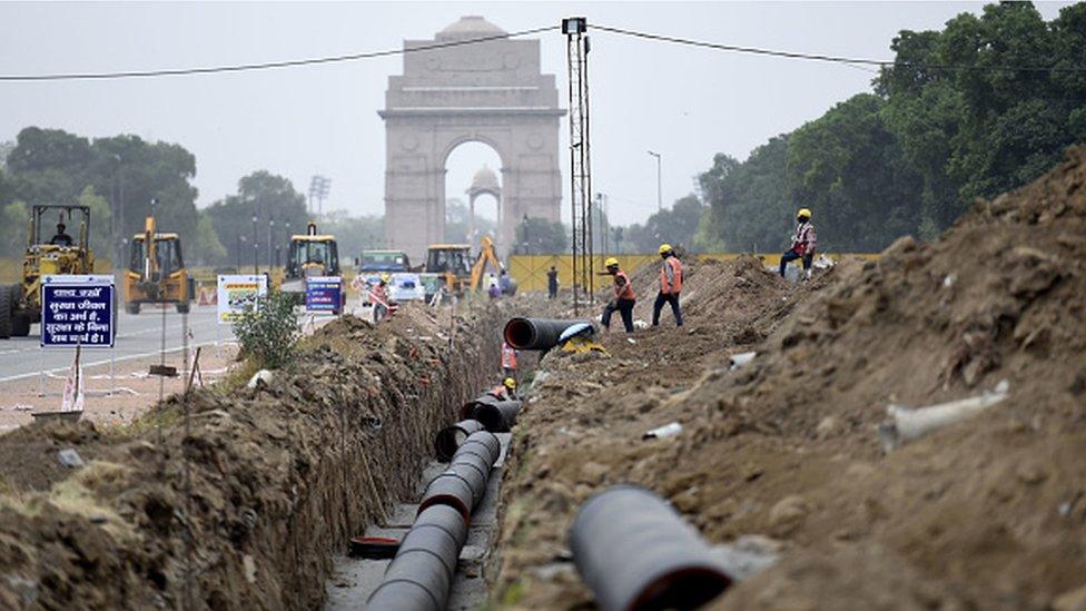 Construction work in progress at Rajpath