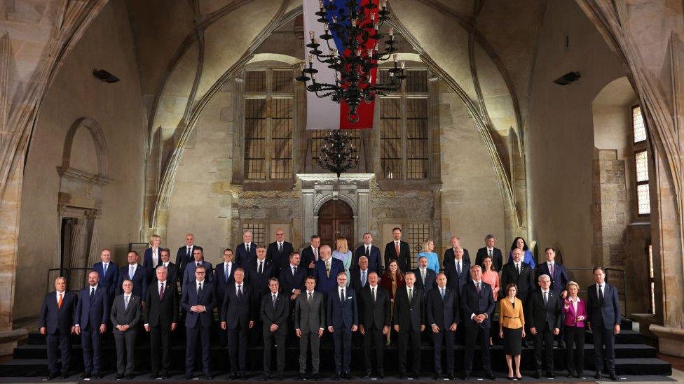 Leaders of nations of the European Political Community (EPC) as well as the European Commission and the European Council pose for a photo during the inaugural meeting of the EPC at Prague Castle on October 06, 2022