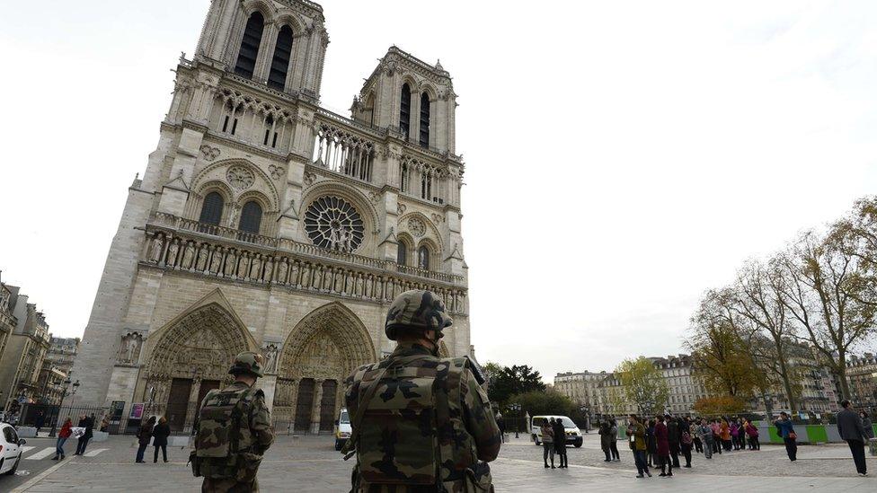 Soldiers outside Notre Dame on 14 November 2015