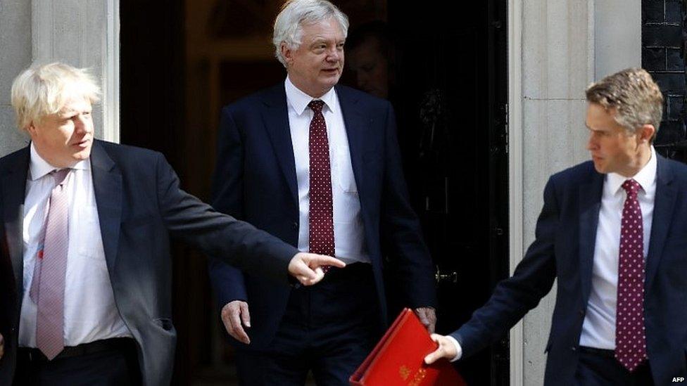 Boris Johnson (left), David Davis (centre) and Gavin Williamson (right) leaving Tuesday's cabinet meeting