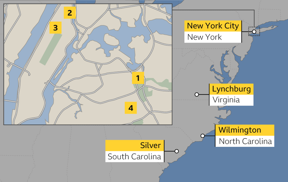 A map showing four key locations in New York: 1: Statue to be unveiled of Althea Gibson at the USTA National Tennis Center. 2: Althea Gibson's former home in Harlem. 3: The Cosmopolitan Club - a now defunct tennis club where Gibson played, also in Harlem. 4. West Side Tennis Club, in Forest Hills in Queens