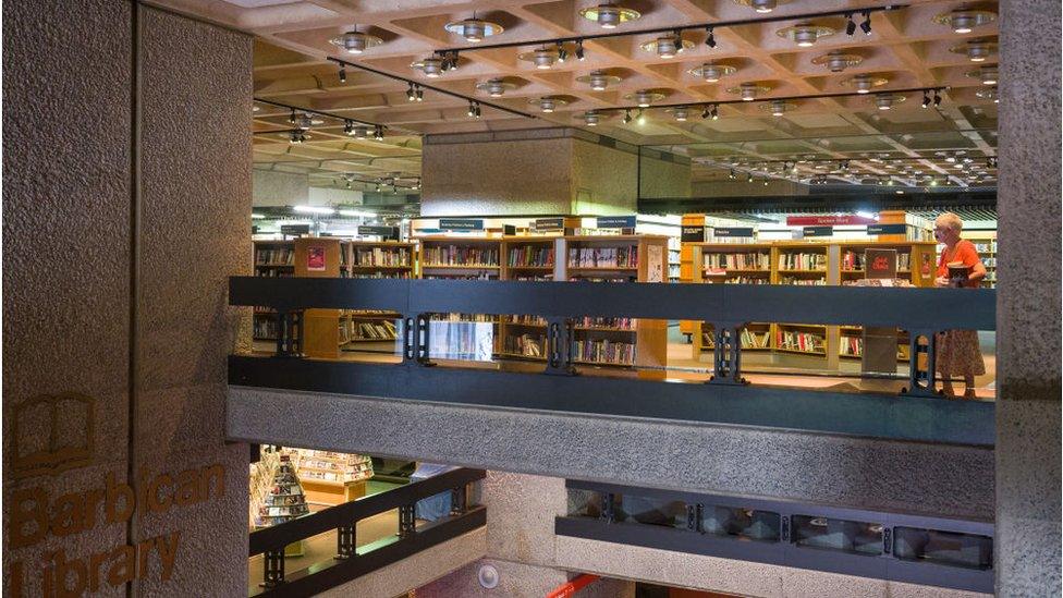 Bookshelves in the Barbican Library