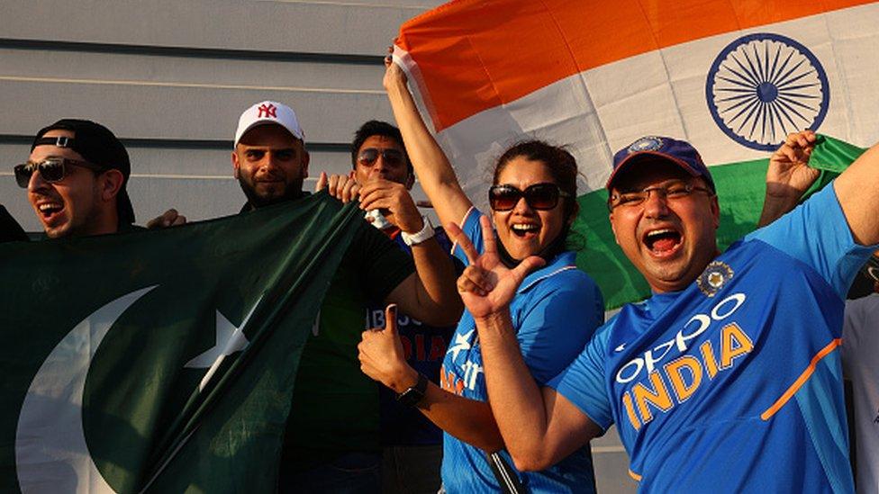 Supporters of India and Pakistan ahead of the ICC Men's T20 World Cup match between India and Pakistan at Dubai International Stadium