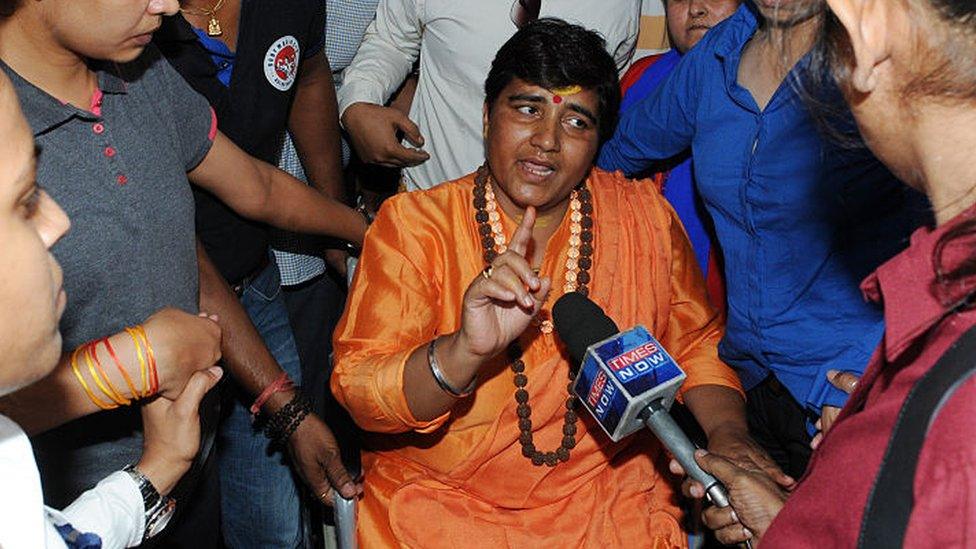 Hindu activist Sadhvi Pragya Singh Thakur leaving for Simhastha in Ujjain under heavy police protection on May 18, 2016 in Bhopal, India.