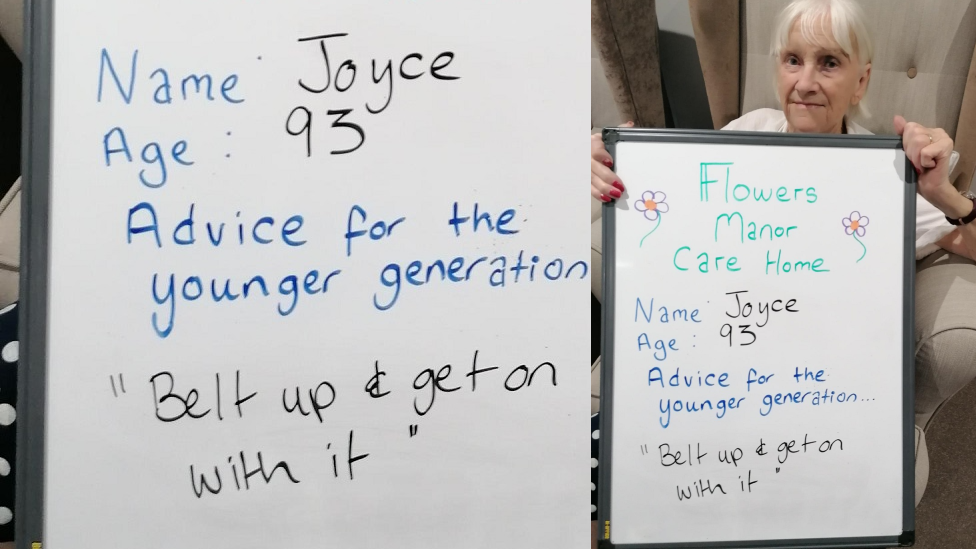 A close-up of the white board with the message and Joyce in another picture holding it at the side