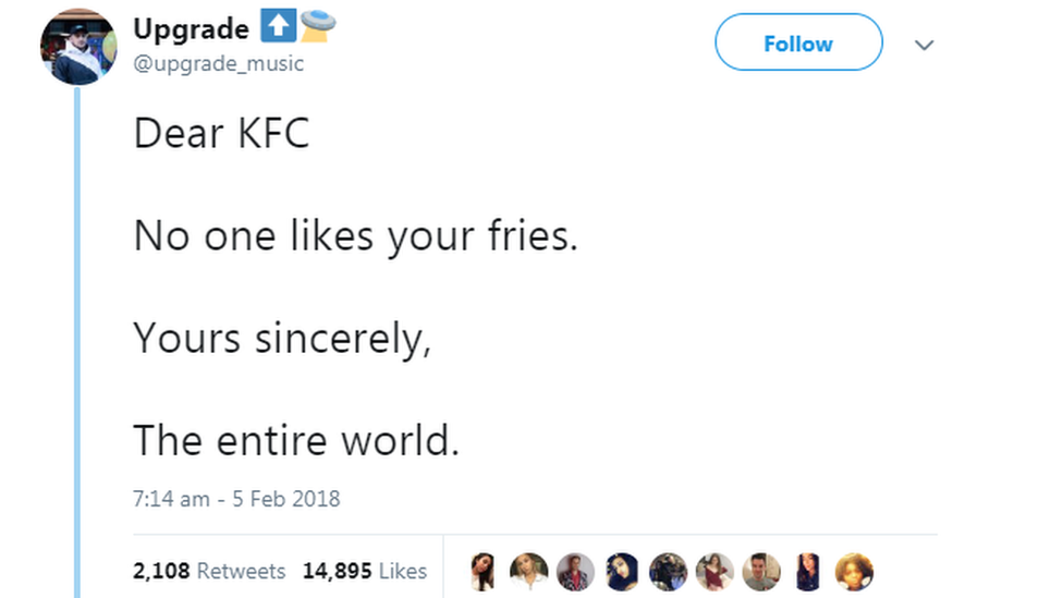 Fan tweets KFC about their chips.