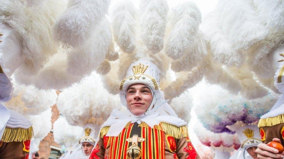 Carnival participants in Binche, Belgium. Photo: 28 February 2017