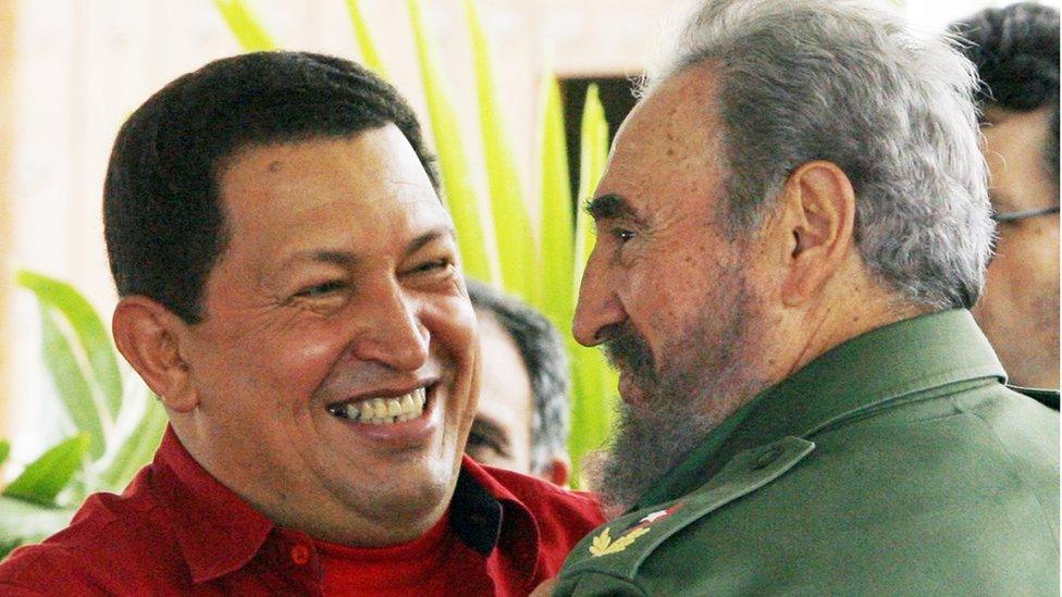 Former Venezuelan President Hugo Chavez and ex-Cuban leader Fidel Castro embrace