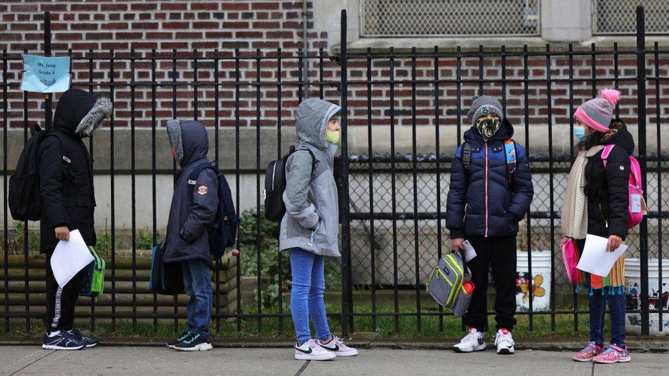 New York school kids in a line.