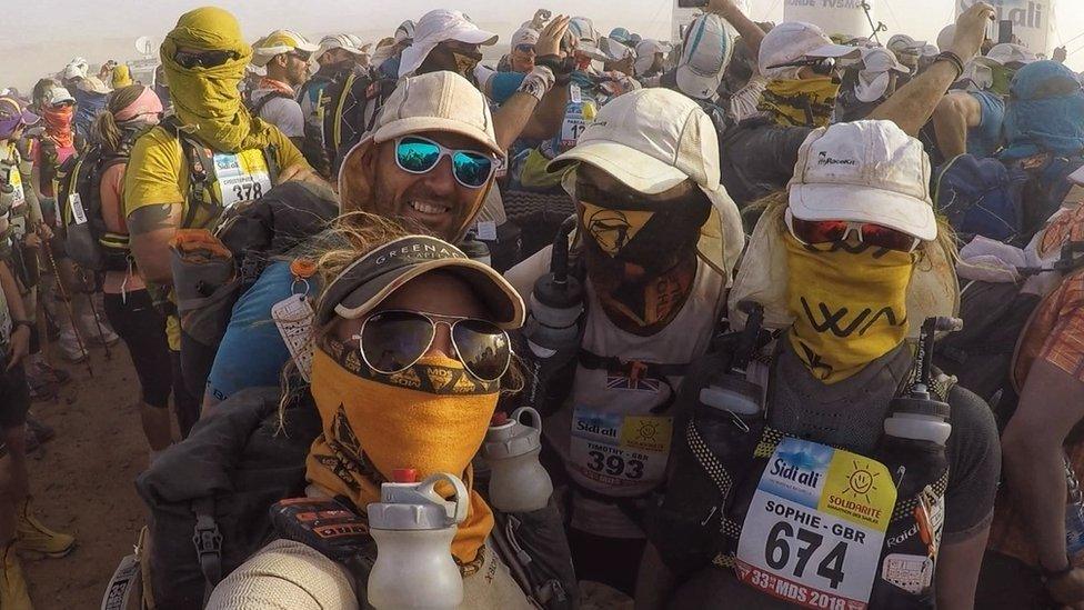 Sophie Raworth during a sandstorm on the final day of the the Marathon des Sables