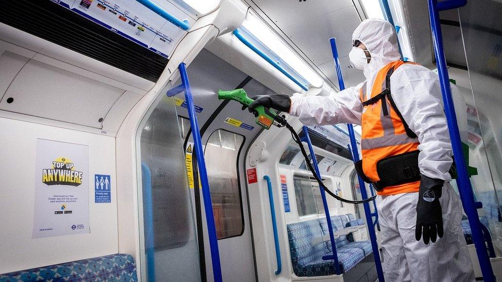 Tube train being cleaned with anti-viral disinfectant