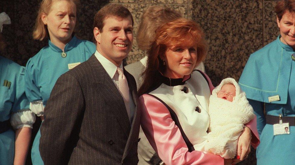 Duke and Duchess of York outside the Portland Hospital with their daughter Princess Eugenie, March 30th 1990