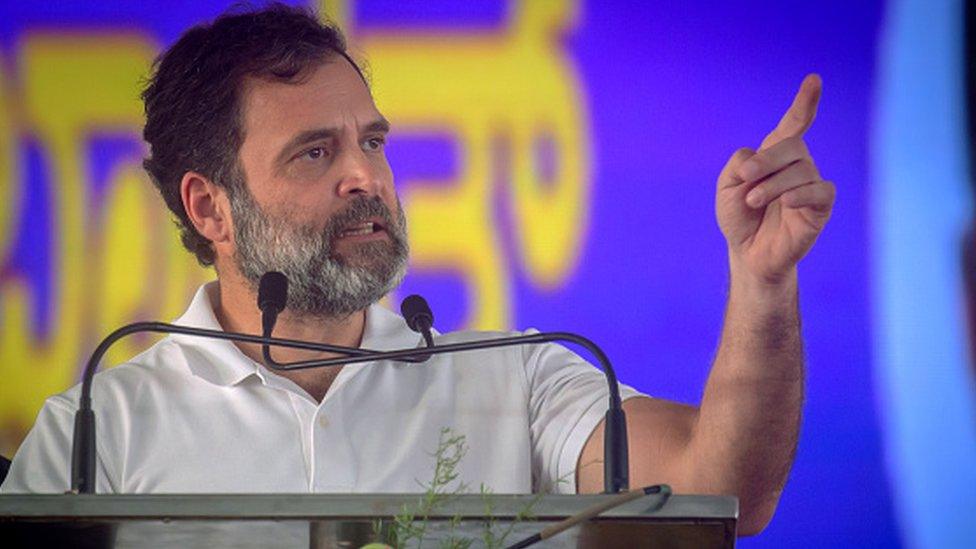 Rahul Gandhi, leader of the Indian National Congress (INC) addresses an election rally on April 16, 2023 in Kolar