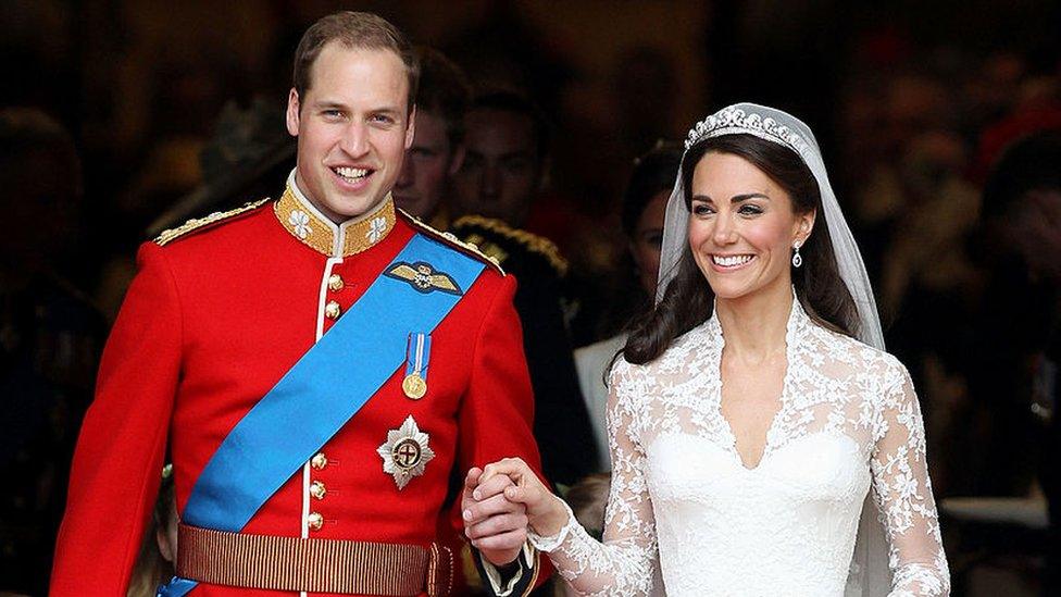 LONDON, ENGLAND - APRIL 29: TRH Prince William, Duke of Cambridge and Catherine, Duchess of Cambridge smile following their marriage at Westminster Abbey on April 29, 2011 in London, England.