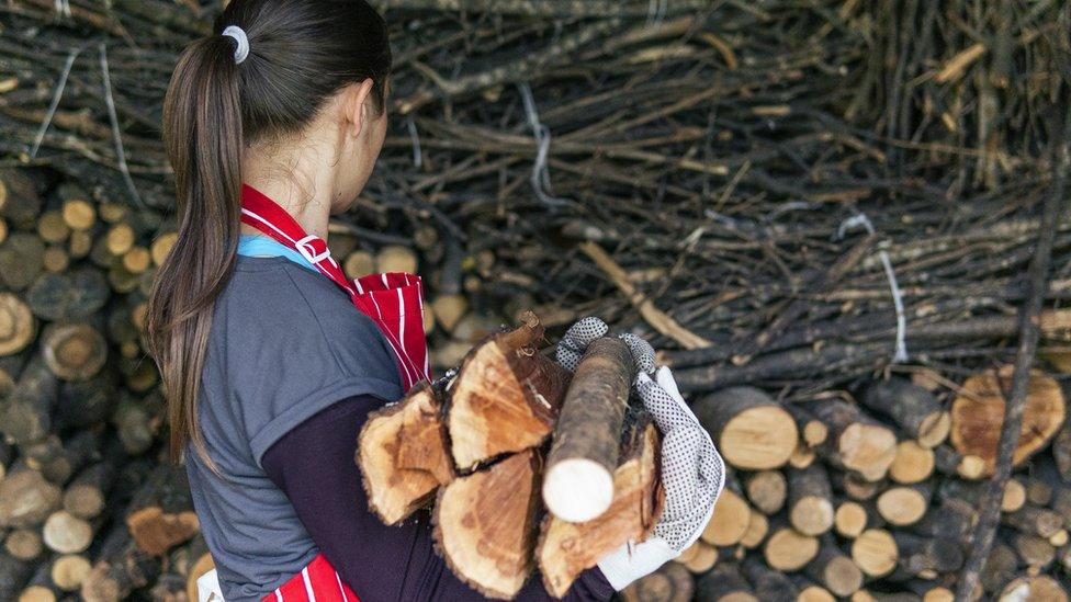 A woman collects some firewood