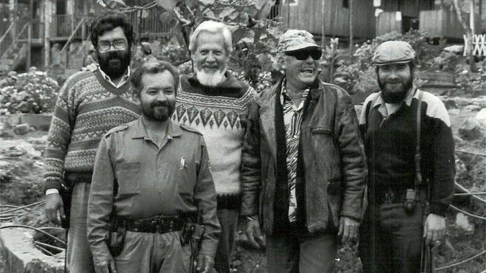 Picture taken in the 80s of one of the founders of the Revolutionary Armed Forces of Colombia, late former leader Luis Alberto Morantes Jaimes (2-R), aka Jacobo Arenas, and commanders Alfonso Cano (L), Raul Reyes (2-L) and current leader Timoleon Jimenez (R), posing at a camp somewhere in the Colombian mountainous region