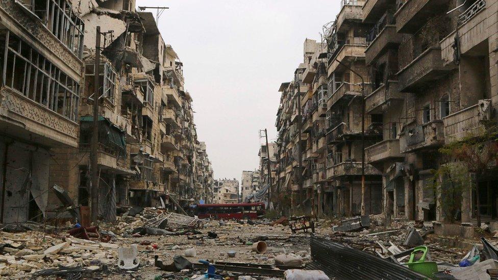 Destroyed buildings in the Syrian city of Aleppo, which was regained by government forces at the end of 2016