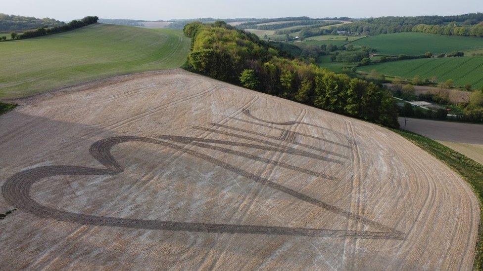 A heart and NHS logo cut into a field