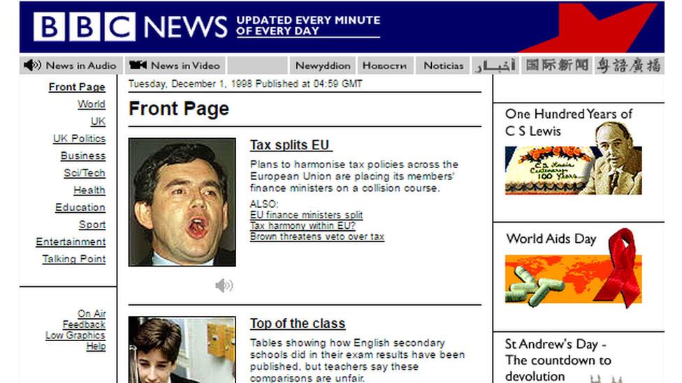 BBC News website front page from 1998