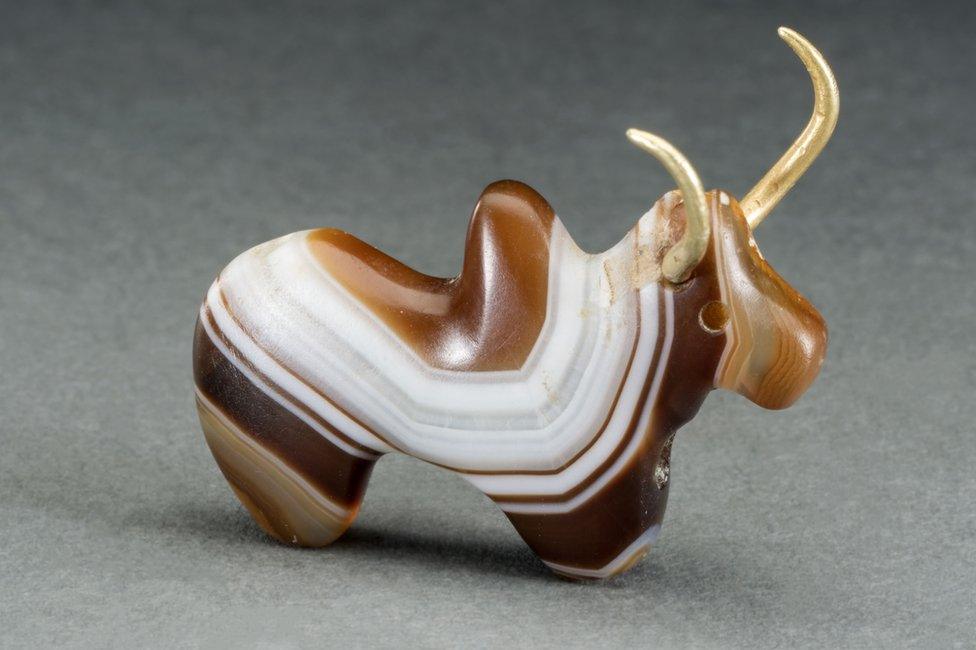 A humped bull with gold horns made of banded agate and gold, Harappan period, About 1800 BC, Pur village, Bhiwani Khera, Haryana, India