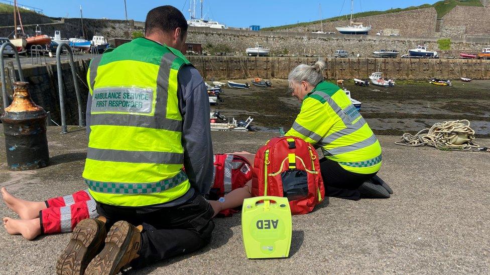 Two people training first aid in Alderney